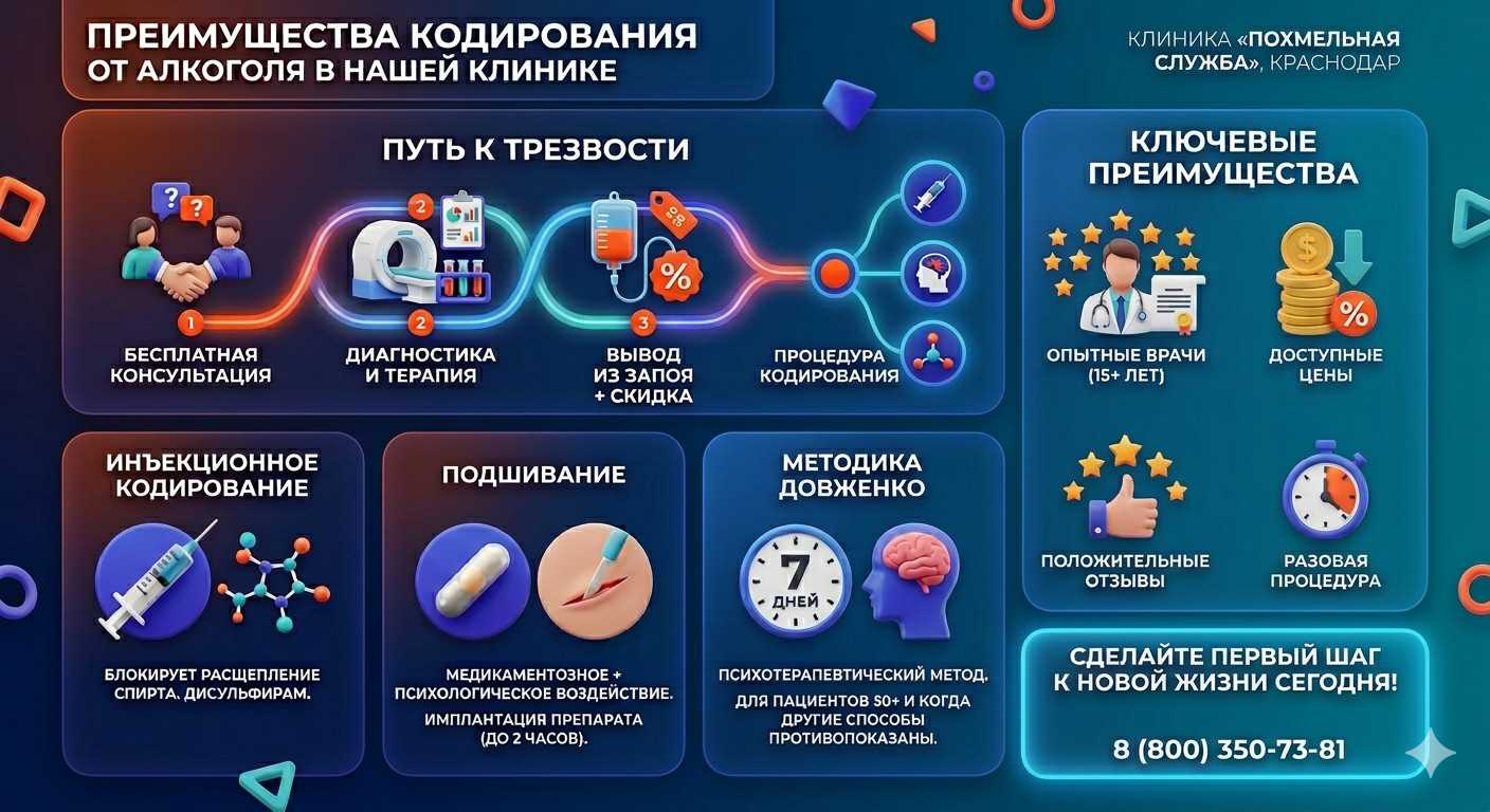 Инфографика о методах кодирования от алкоголя в Новом Городке: инъекции, подшивание, метод Довженко. Преимущества клиники и этапы лечения.