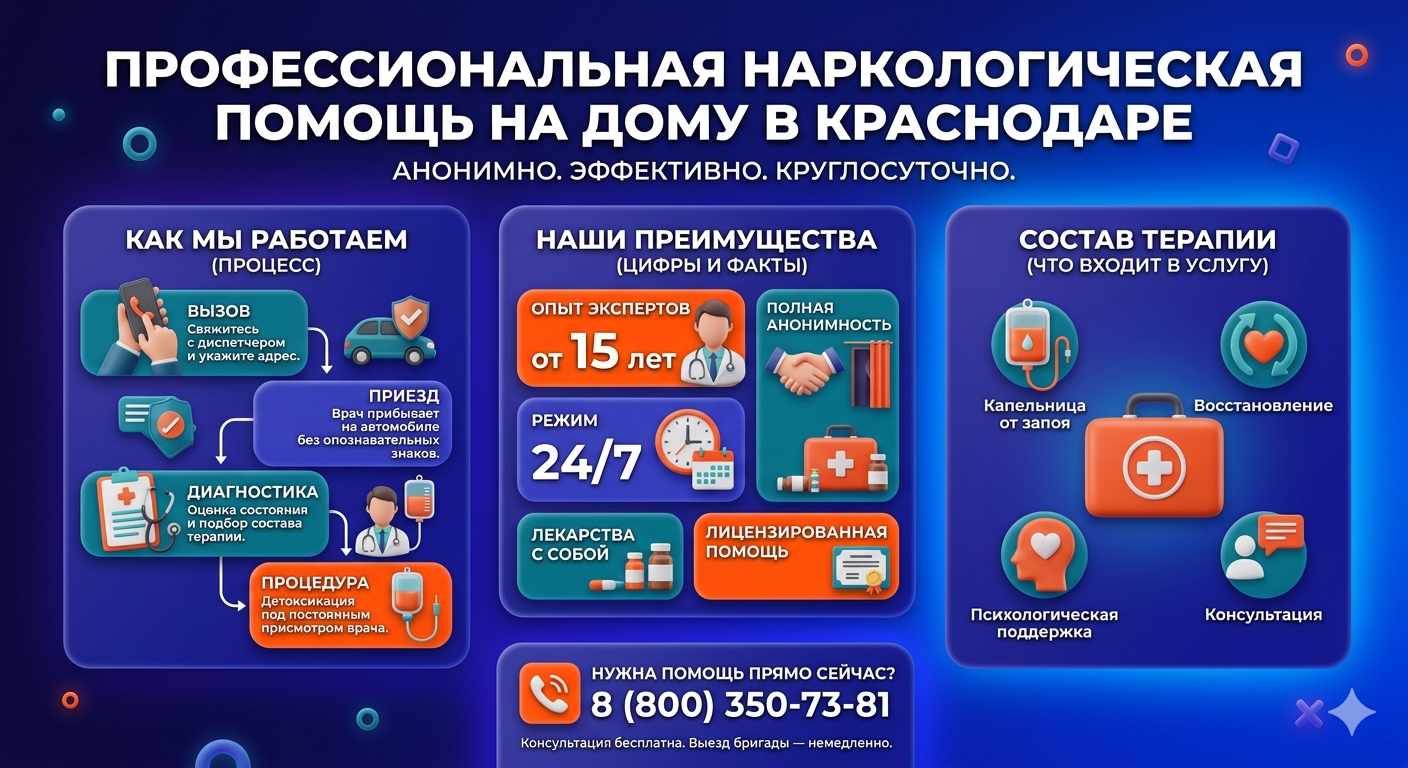 Инфографика о принципах лечения алкоголизма на дому в Новом Городке: этапы вызова нарколога, преимущества анонимной детоксикации и состав медицинской помощи.